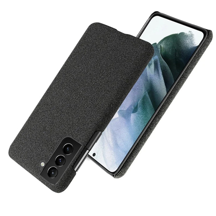 Well-Protected Hard Plastic Cover Coated with Cloth Back Case for Samsung Galaxy S21 FE - Black - 4