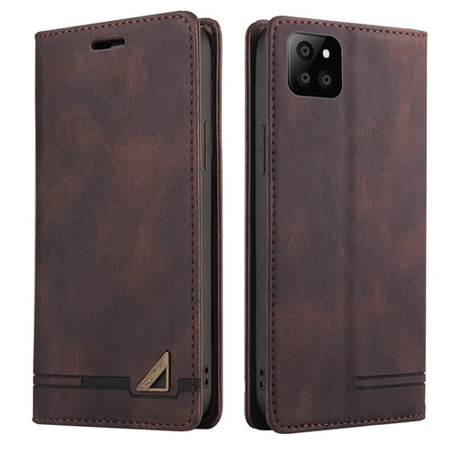 GQ.UTROBE Auto-absorbed Leather Wallet Phone Case with Anti-theft Swiping Design for Samsung Galaxy A22 5G (EU Version) - Coffee - 1