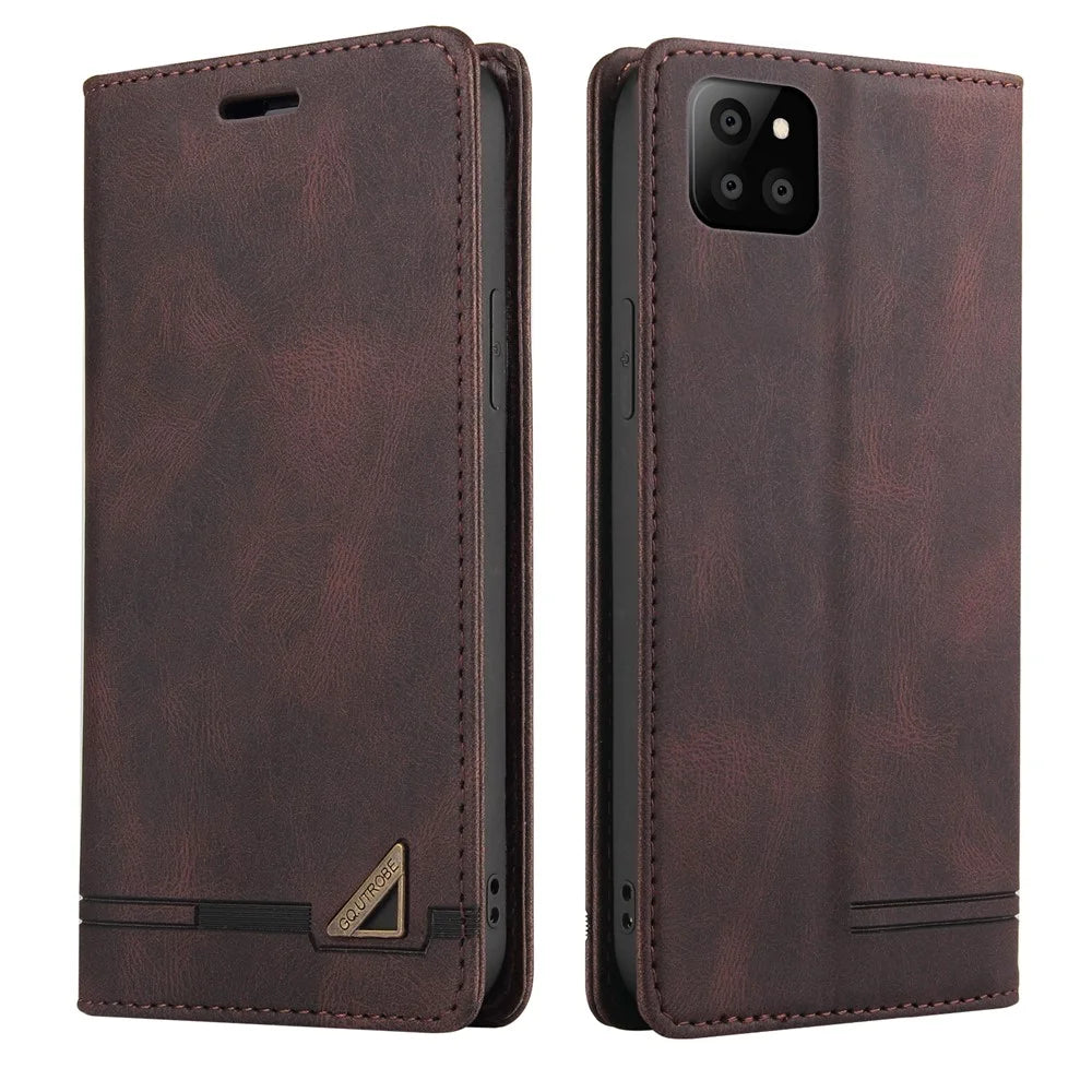 GQ.UTROBE Auto-absorbed Leather Wallet Phone Case with Anti-theft Swiping Design for Samsung Galaxy A22 5G (EU Version) - Coffee - 1