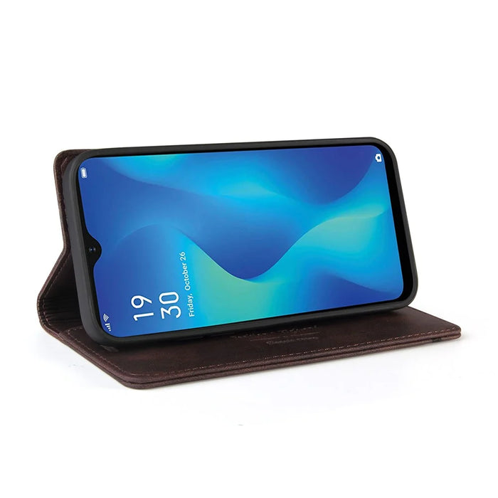 GQ.UTROBE Auto-absorbed Leather Wallet Phone Case with Anti-theft Swiping Design for Samsung Galaxy A22 5G (EU Version) - Coffee - 4