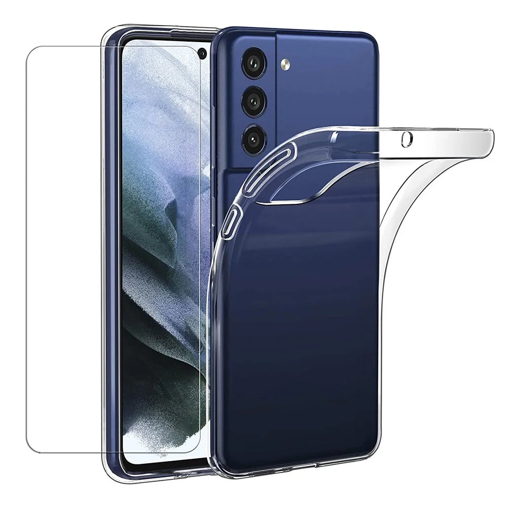 For Samsung Galaxy S21 FE Anti-Fingerprint Flexible Skin Lightweight Protective TPU Case with Tempered Glass Screen Protector - 1