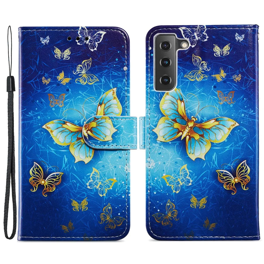 Pattern Printing PU Leather Stand Wallet Case with Wrist Strap for Samsung Galaxy S21 FE - Golden Butterfly - 1