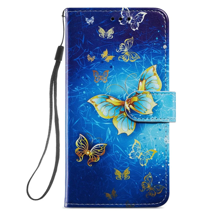 Pattern Printing PU Leather Stand Wallet Case with Wrist Strap for Samsung Galaxy S21 FE - Golden Butterfly - 2
