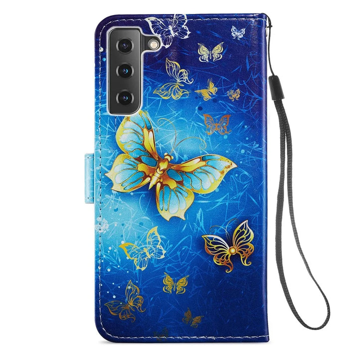 Pattern Printing PU Leather Stand Wallet Case with Wrist Strap for Samsung Galaxy S21 FE - Golden Butterfly - 3