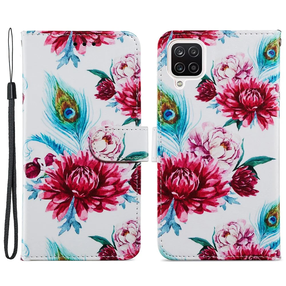 Wallet Stand Design Pattern Printing Leather Phone Case Cover for Samsung Galaxy A12 - Peacock Flower - 1