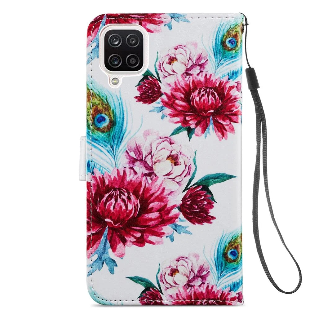 Wallet Stand Design Pattern Printing Leather Phone Case Cover for Samsung Galaxy A12 - Peacock Flower - 3