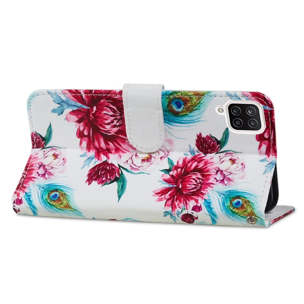 Wallet Stand Design Pattern Printing Leather Phone Case Cover for Samsung Galaxy A12 - Peacock Flower - 4