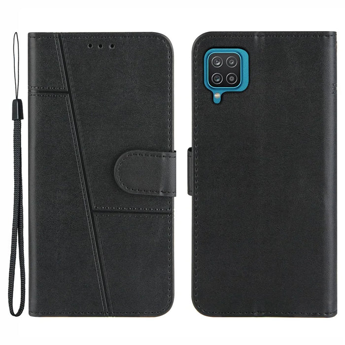 Splicing Leather Mobile Phone Cover Wallet Stand Design Case with Strap for Samsung Galaxy A12 - Black - 1