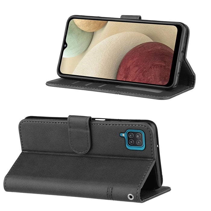 Splicing Leather Mobile Phone Cover Wallet Stand Design Case with Strap for Samsung Galaxy A12 - Black - 3