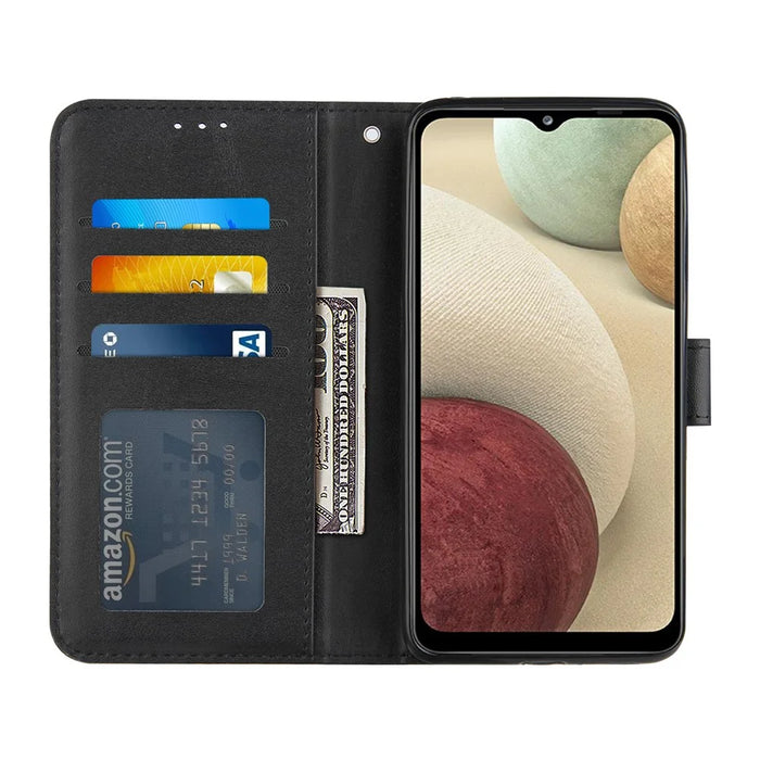 Splicing Leather Mobile Phone Cover Wallet Stand Design Case with Strap for Samsung Galaxy A12 - Black - 4