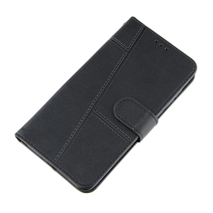 Splicing Leather Mobile Phone Cover Wallet Stand Design Case with Strap for Samsung Galaxy A12 - Black - 5