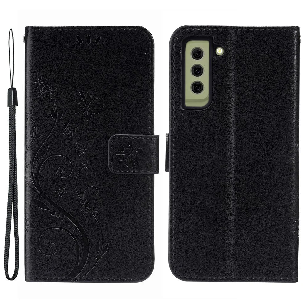 Butterflies and Flower Imprinted Leather Wallet Stand Design Case for Samsung Galaxy S21 FE - Black - 1