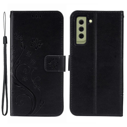 Butterflies and Flower Imprinted Leather Wallet Stand Design Case for Samsung Galaxy S21 FE - Black - 1