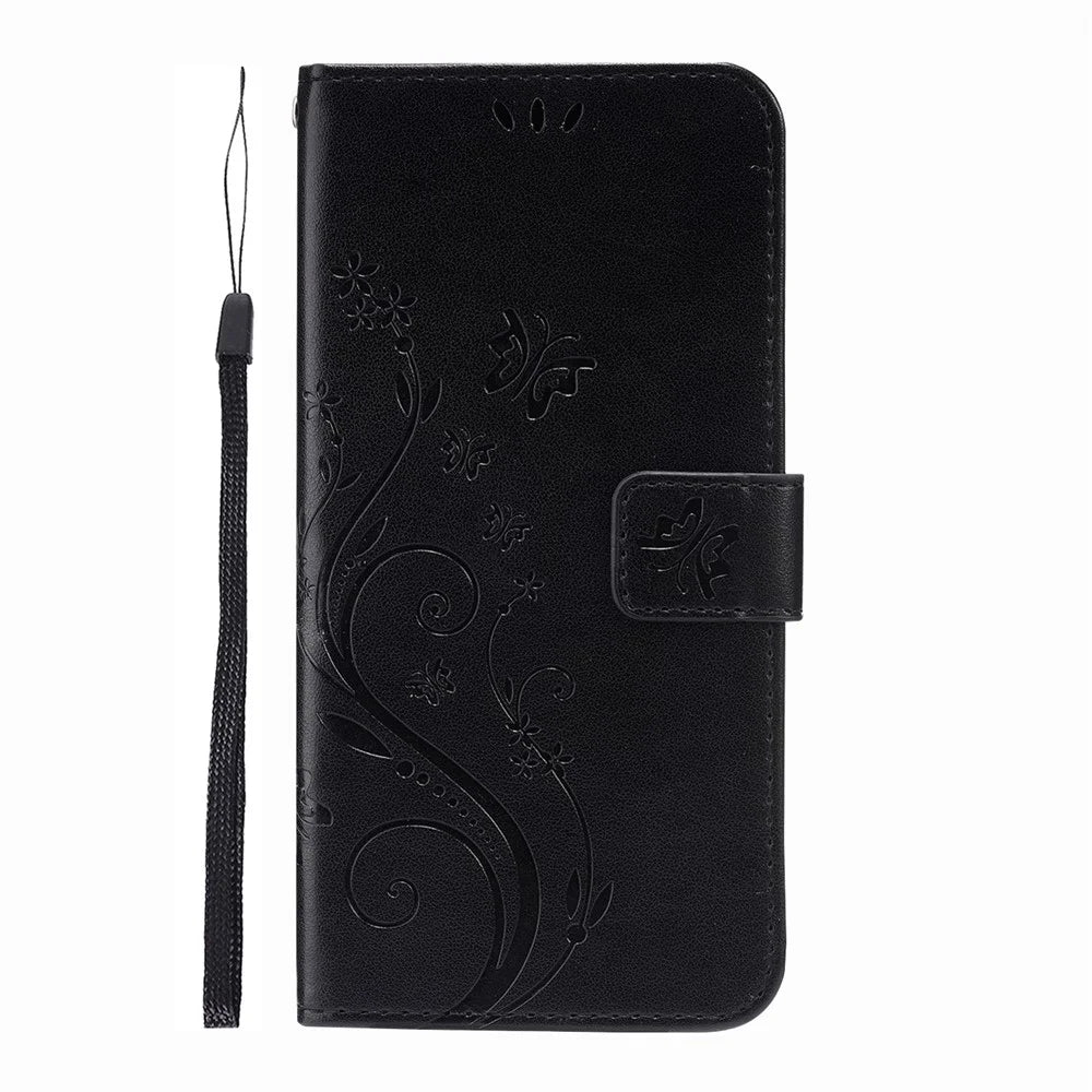 Butterflies and Flower Imprinted Leather Wallet Stand Design Case for Samsung Galaxy S21 FE - Black - 2