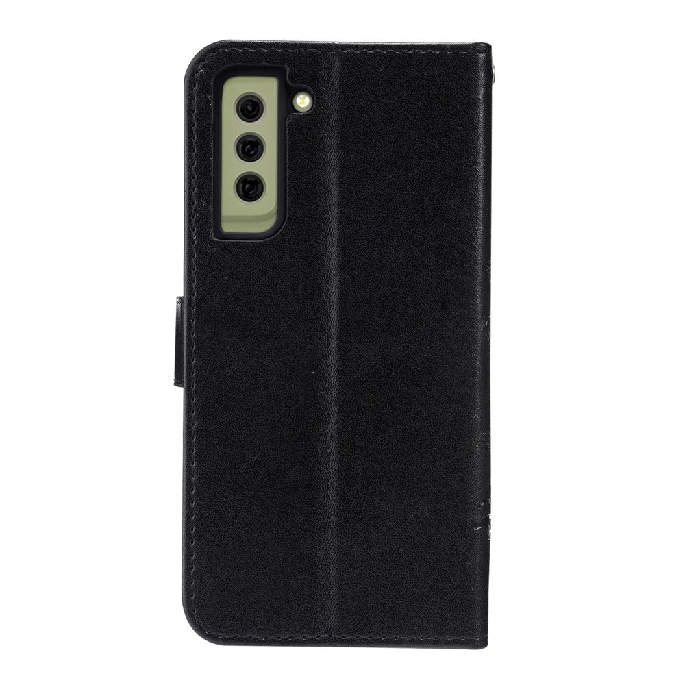 Butterflies and Flower Imprinted Leather Wallet Stand Design Case for Samsung Galaxy S21 FE - Black - 3