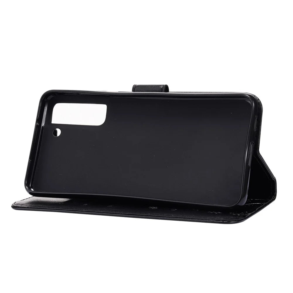 Butterflies and Flower Imprinted Leather Wallet Stand Design Case for Samsung Galaxy S21 FE - Black - 4