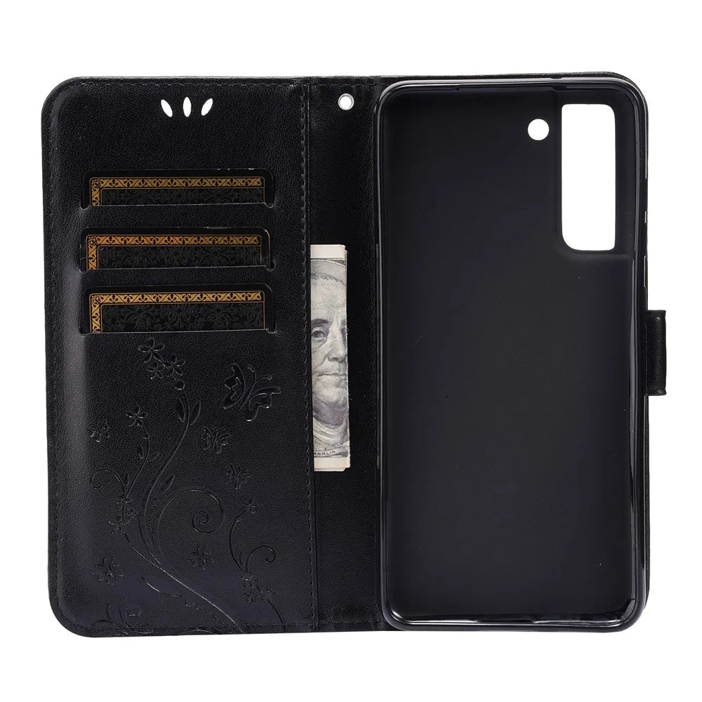 Butterflies and Flower Imprinted Leather Wallet Stand Design Case for Samsung Galaxy S21 FE - Black - 6