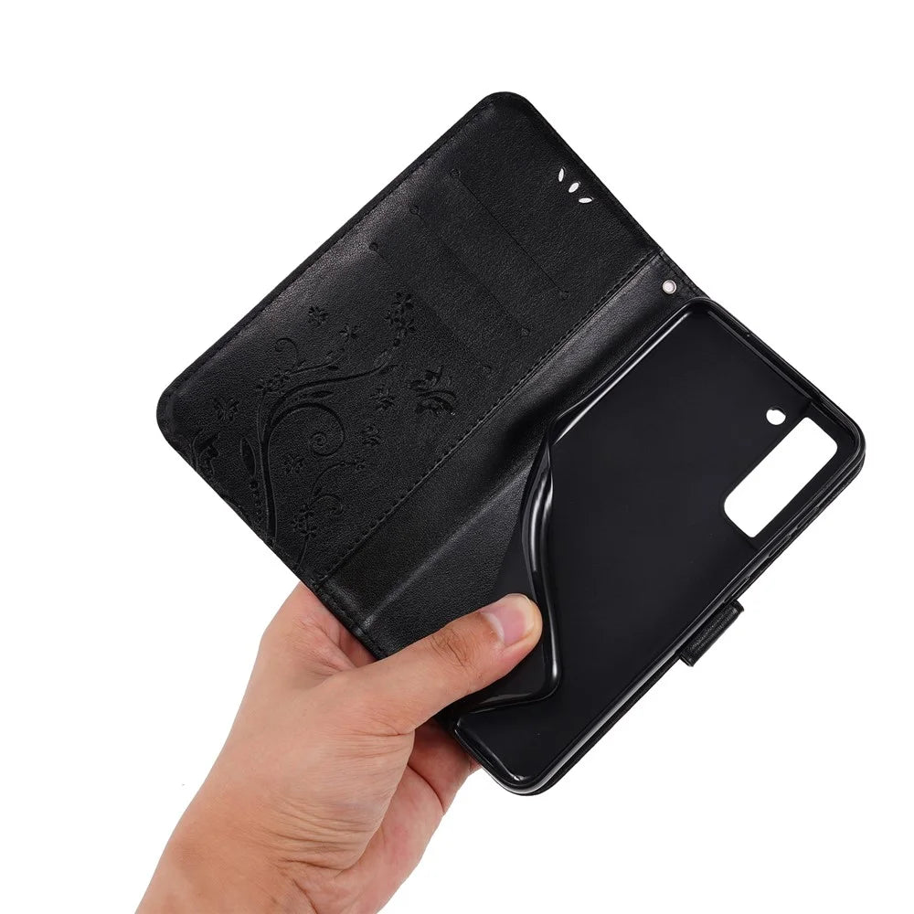 Butterflies and Flower Imprinted Leather Wallet Stand Design Case for Samsung Galaxy S21 FE - Black - 7