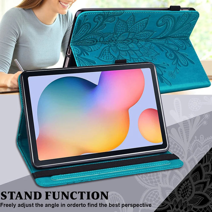 Imprint Flower Pattern Leather Wallet Stand Tablet Cover Case for Samsung Galaxy Tab S6 Lite (2020) / (2022) / (2024) - Blue - 3