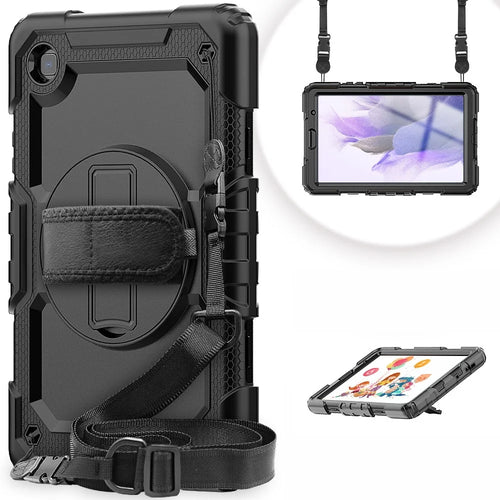3-Layer PC + Silicone Heavy Duty Rugged Shockproof Kickstand Protective Cover with Hand Strap and Shoulder Strap for Samsung Galaxy Tab A7 Lite 8.7-inch - Black - 1
