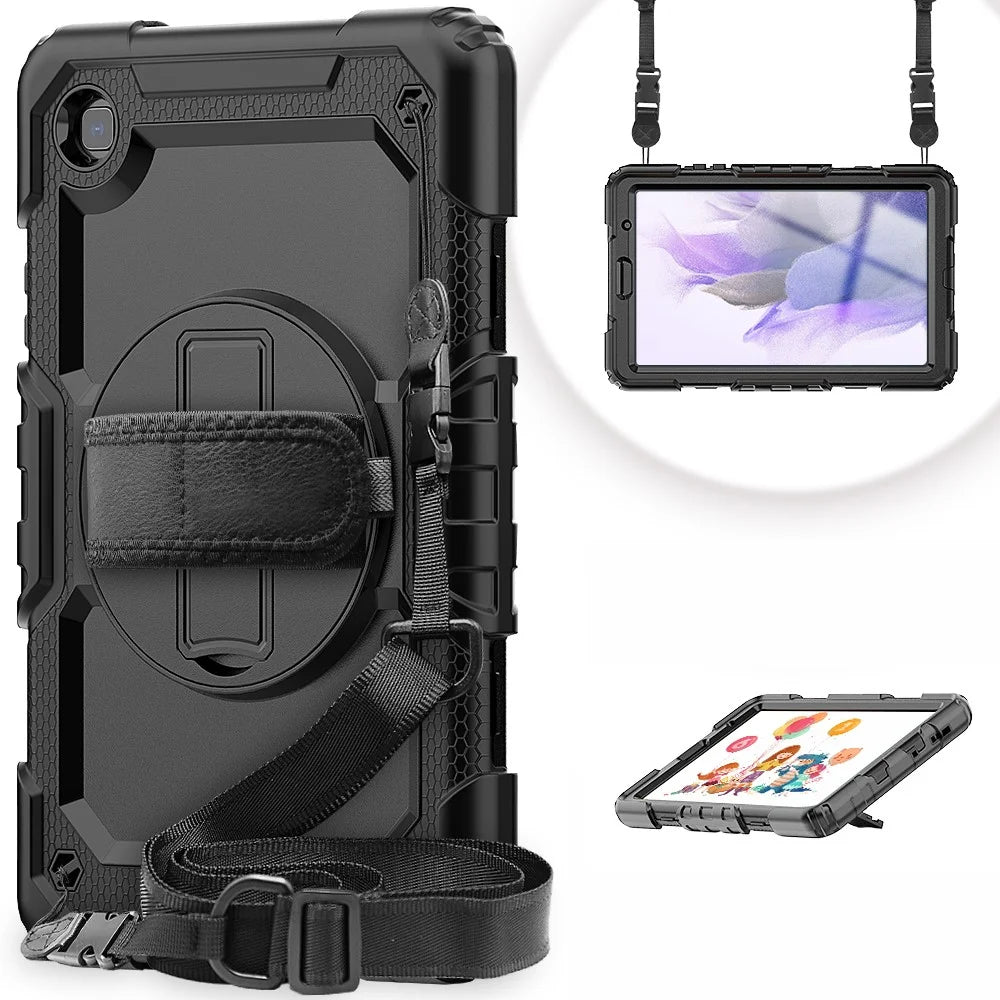 3-Layer PC + Silicone Heavy Duty Rugged Shockproof Kickstand Protective Cover with Hand Strap and Shoulder Strap for Samsung Galaxy Tab A7 Lite 8.7-inch - Black - 1