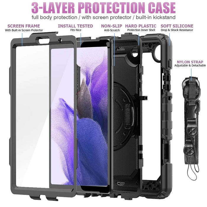 3-Layer PC + Silicone Heavy Duty Rugged Shockproof Kickstand Protective Cover with Hand Strap and Shoulder Strap for Samsung Galaxy Tab A7 Lite 8.7-inch - Black - 3