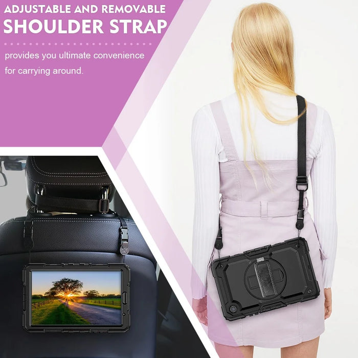 3-Layer PC + Silicone Heavy Duty Rugged Shockproof Kickstand Protective Cover with Hand Strap and Shoulder Strap for Samsung Galaxy Tab A7 Lite 8.7-inch - Black - 6