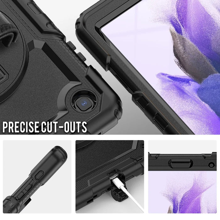 3-Layer PC + Silicone Heavy Duty Rugged Shockproof Kickstand Protective Cover with Hand Strap and Shoulder Strap for Samsung Galaxy Tab A7 Lite 8.7-inch - Black - 7