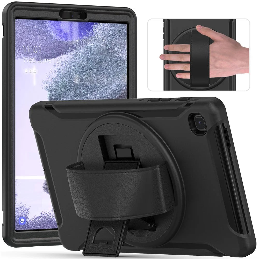 For Samsung Galaxy Tab A7 Lite 8.7-inch T220/T225/T225N/T225C 360° Rotary Kickstand PC + TPU Tablet Case with Hand Strap - Black - 1