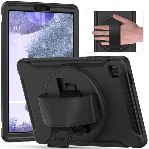 For Samsung Galaxy Tab A7 Lite 8.7-inch T220/T225/T225N/T225C 360° Rotary Kickstand PC + TPU Tablet Case with Hand Strap - Black - 1