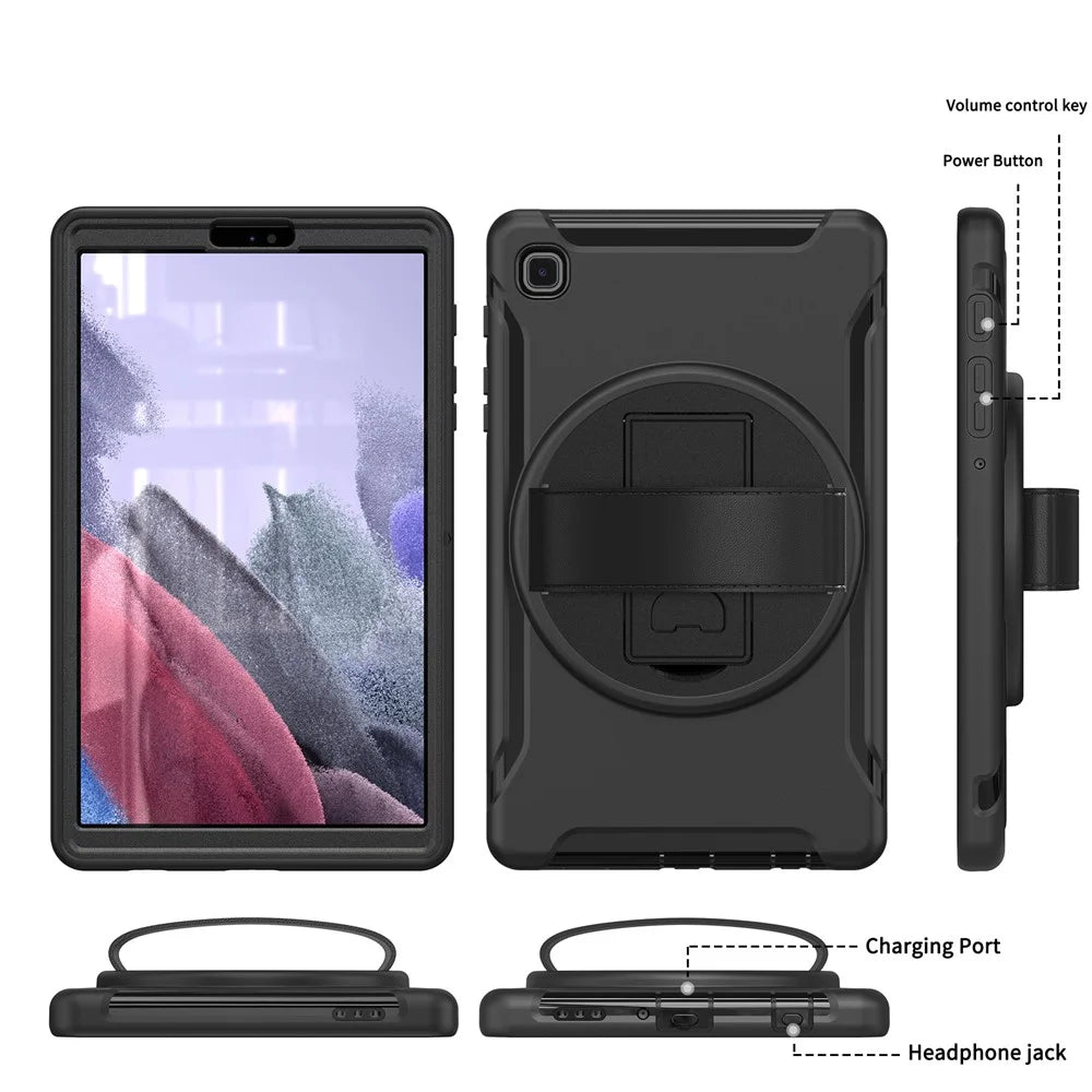For Samsung Galaxy Tab A7 Lite 8.7-inch T220/T225/T225N/T225C 360° Rotary Kickstand PC + TPU Tablet Case with Hand Strap - Black - 2