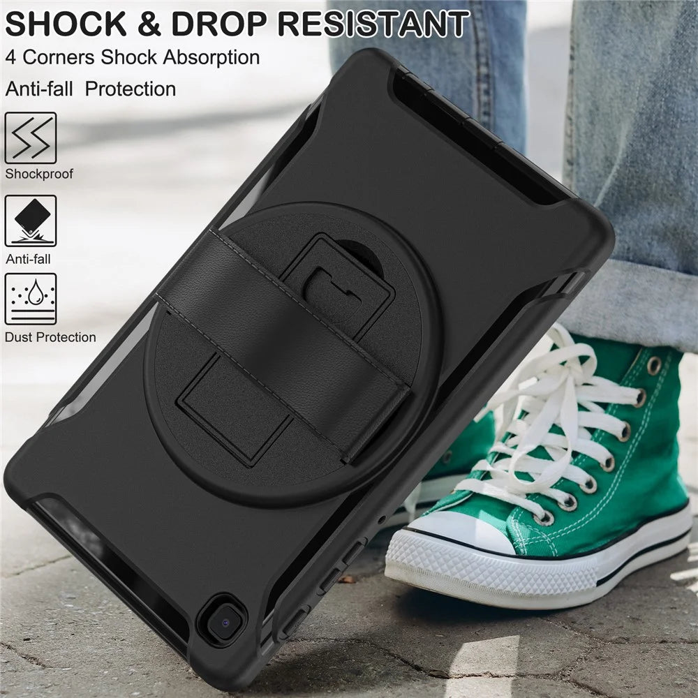 For Samsung Galaxy Tab A7 Lite 8.7-inch T220/T225/T225N/T225C 360° Rotary Kickstand PC + TPU Tablet Case with Hand Strap - Black - 4