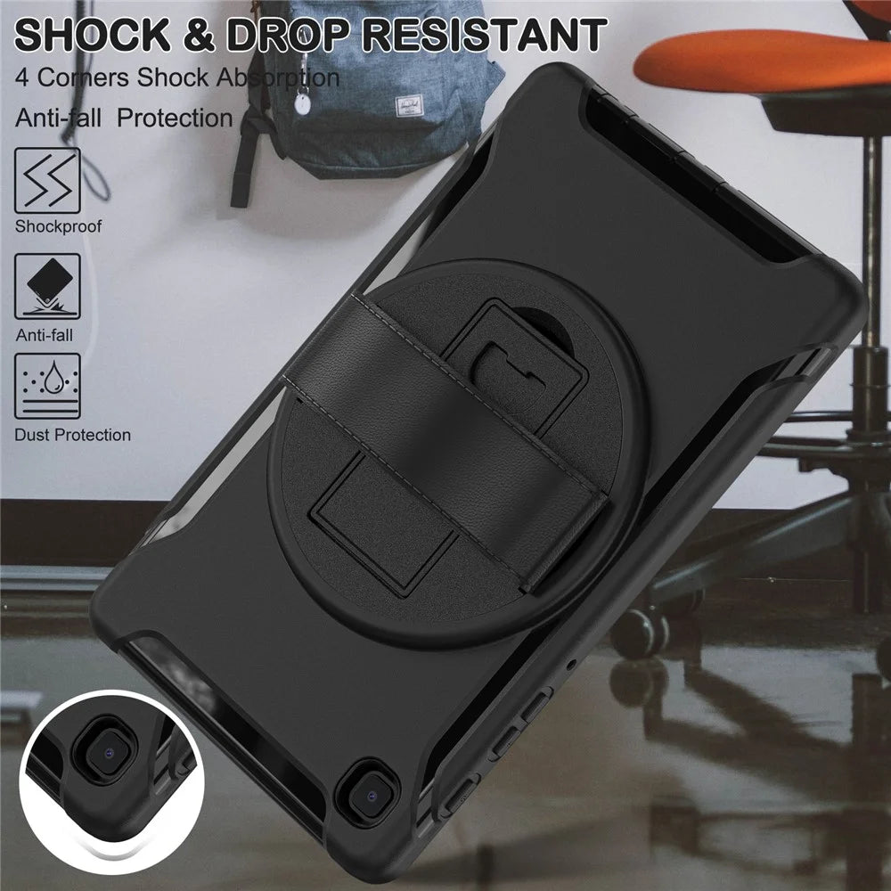 For Samsung Galaxy Tab A7 Lite 8.7-inch T220/T225/T225N/T225C 360° Rotary Kickstand PC + TPU Tablet Case with Hand Strap - Black - 5