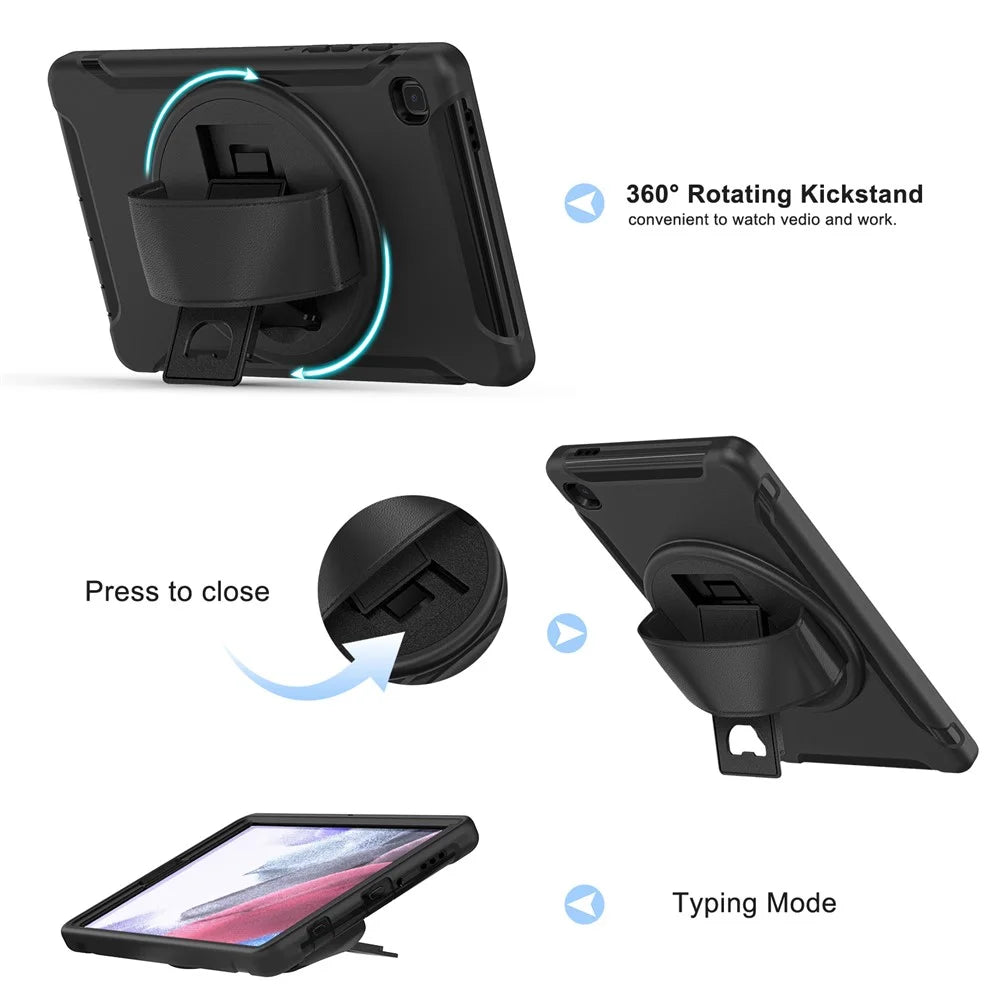 For Samsung Galaxy Tab A7 Lite 8.7-inch T220/T225/T225N/T225C 360° Rotary Kickstand PC + TPU Tablet Case with Hand Strap - Black - 6
