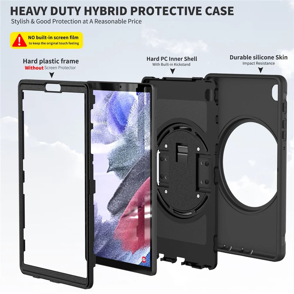For Samsung Galaxy Tab A7 Lite 8.7-inch T220/T225/T225N/T225C 360° Rotary Kickstand PC + TPU Tablet Case with Hand Strap - Black - 7