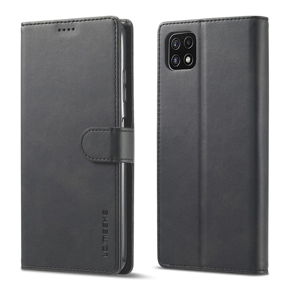 LC.IMEEKE Full Protection Wallet Design Leather Phone Stand Case for Samsung Galaxy A22 5G (EU Version) - Black - 1