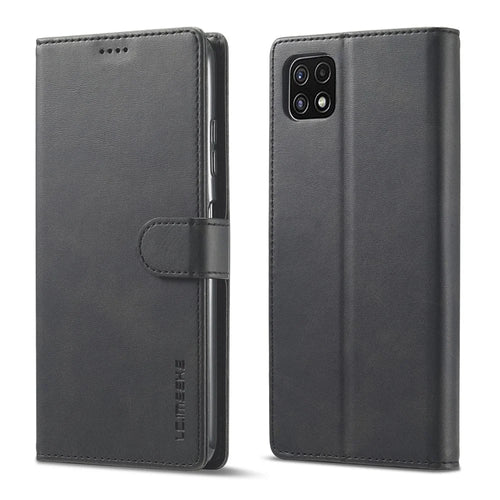 LC.IMEEKE Full Protection Wallet Design Leather Phone Stand Case for Samsung Galaxy A22 5G (EU Version) - Black - 1