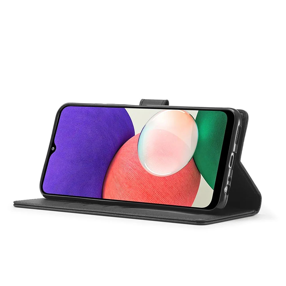 LC.IMEEKE Full Protection Wallet Design Leather Phone Stand Case for Samsung Galaxy A22 5G (EU Version) - Black - 2
