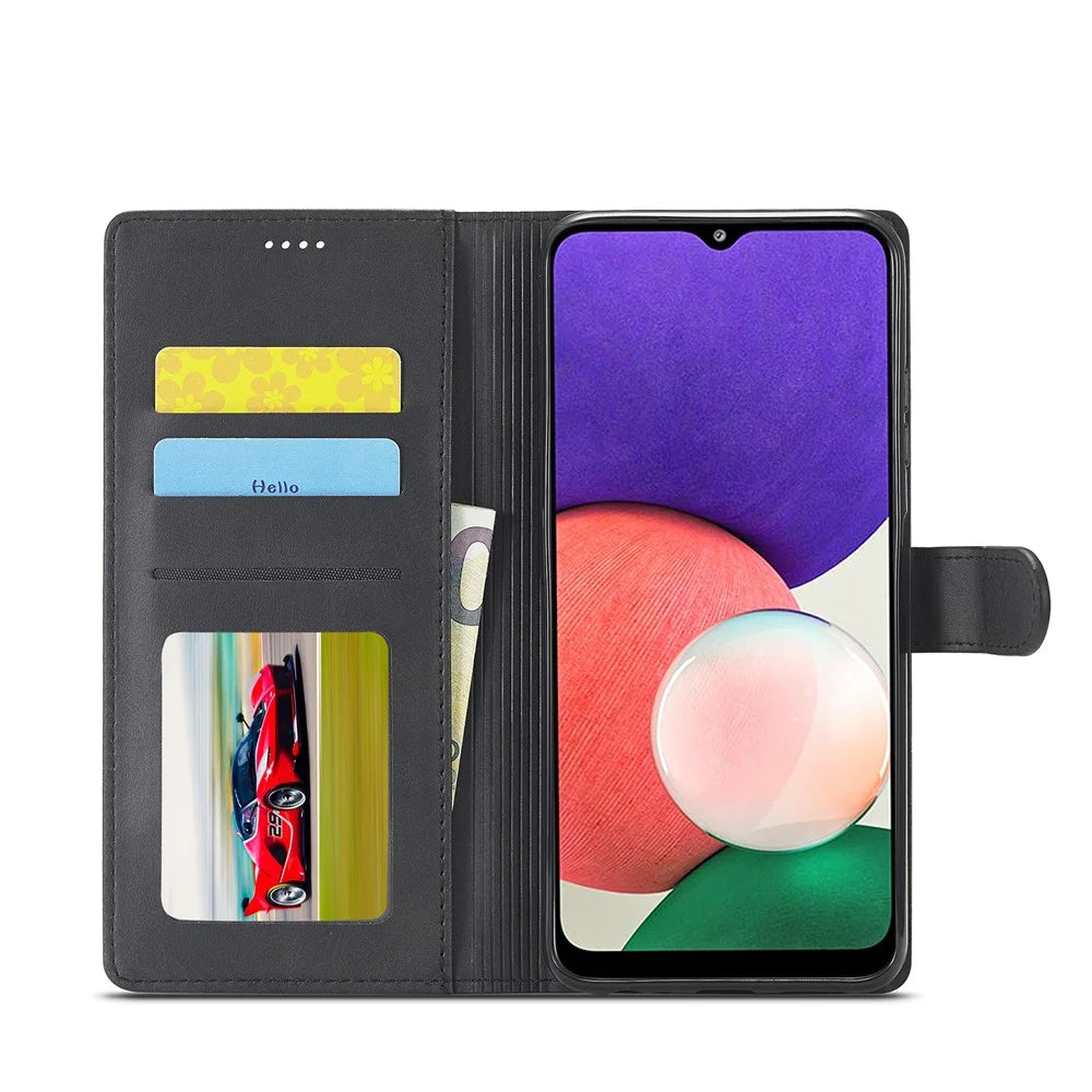 LC.IMEEKE Full Protection Wallet Design Leather Phone Stand Case for Samsung Galaxy A22 5G (EU Version) - Black - 3