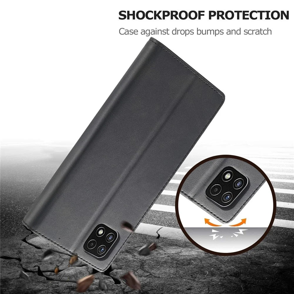 LC.IMEEKE Full Protection Wallet Design Leather Phone Stand Case for Samsung Galaxy A22 5G (EU Version) - Black - 4