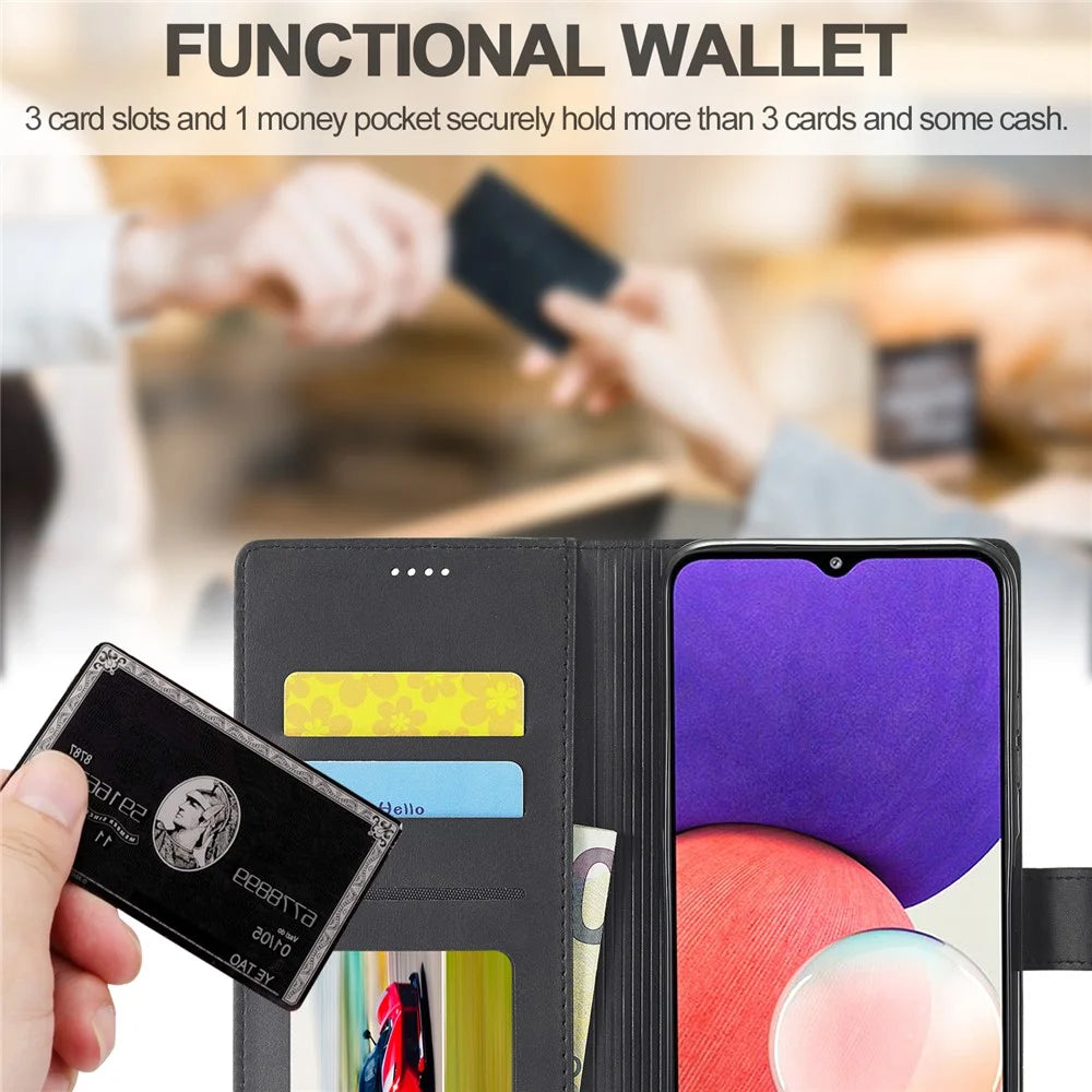 LC.IMEEKE Full Protection Wallet Design Leather Phone Stand Case for Samsung Galaxy A22 5G (EU Version) - Black - 5