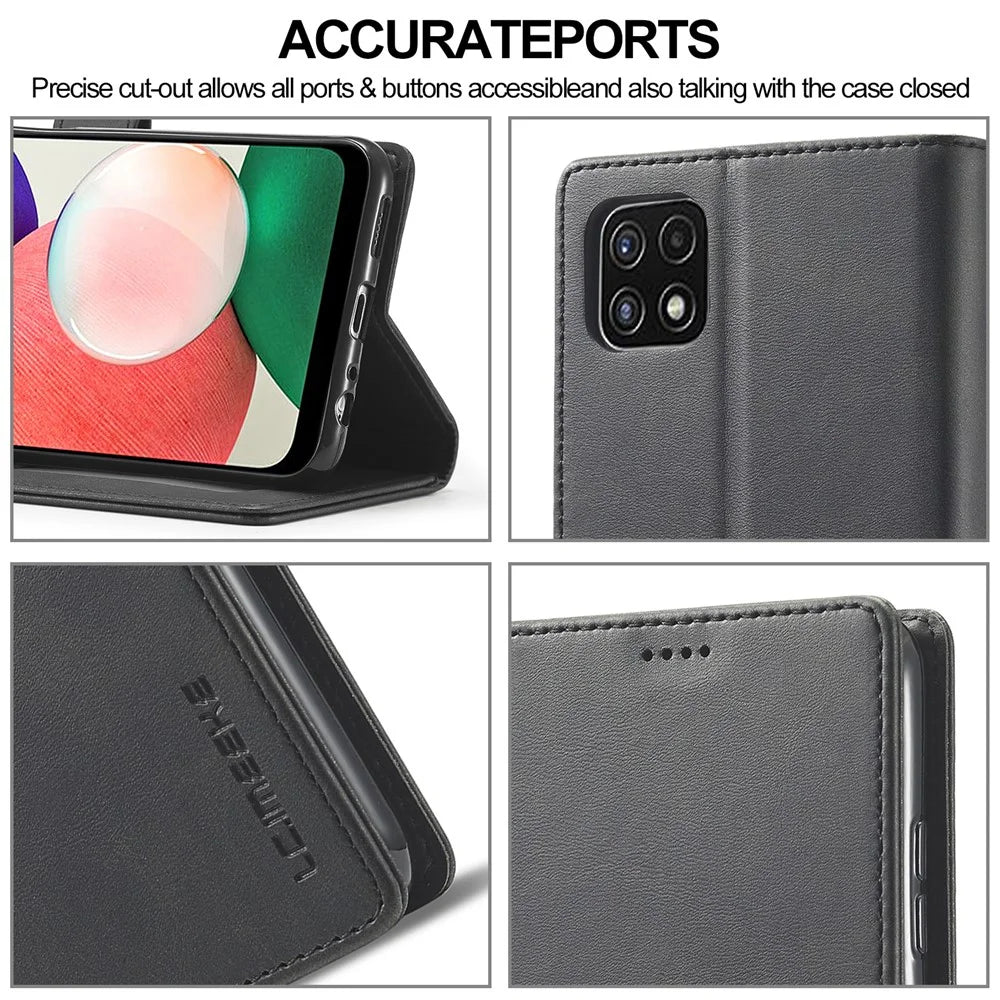LC.IMEEKE Full Protection Wallet Design Leather Phone Stand Case for Samsung Galaxy A22 5G (EU Version) - Black - 6