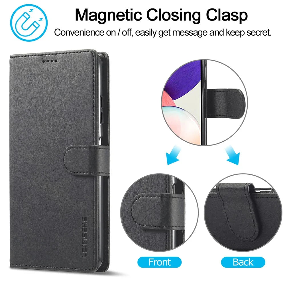 LC.IMEEKE Full Protection Wallet Design Leather Phone Stand Case for Samsung Galaxy A22 5G (EU Version) - Black - 7