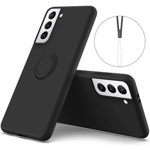 Liquid Silicone Ring Kickstand Design Phone Protective Shell with Strap for Samsung Galaxy S21+ 5G - Black - 1