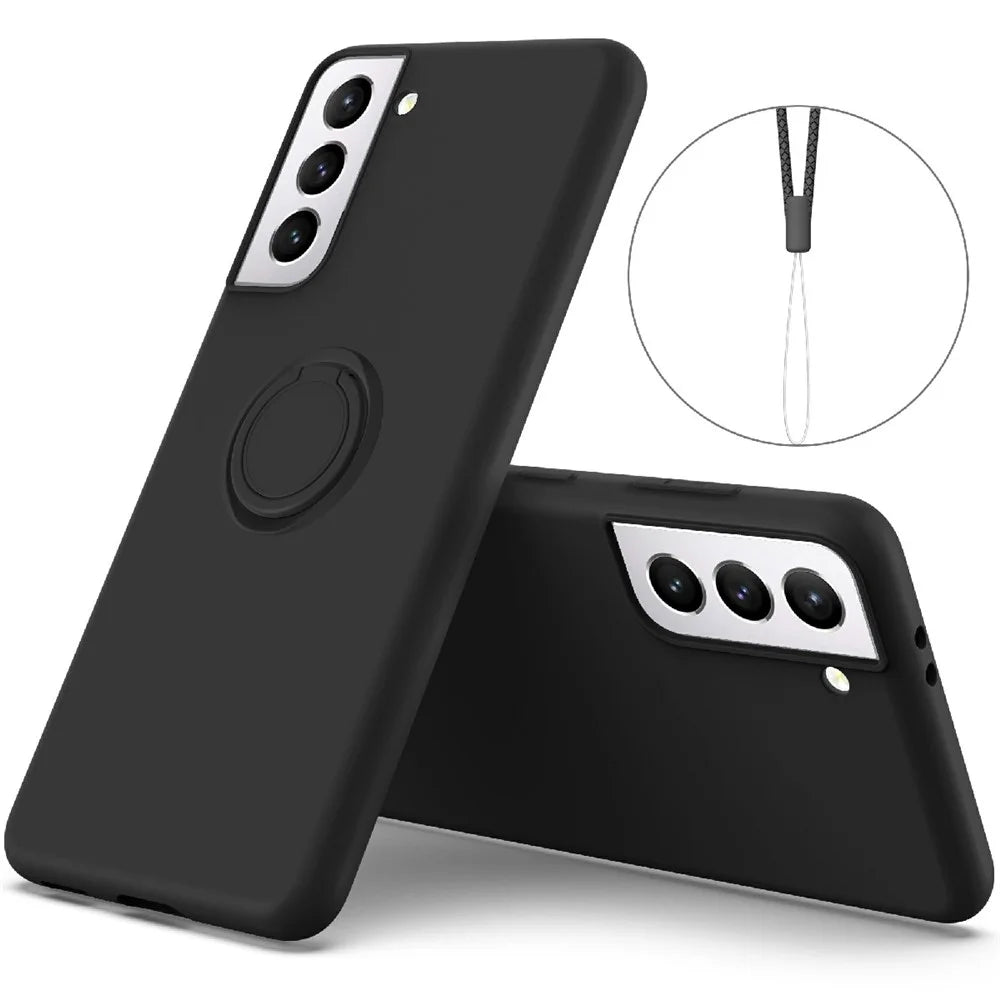 Liquid Silicone Ring Kickstand Design Phone Protective Shell with Strap for Samsung Galaxy S21+ 5G - Black - 1