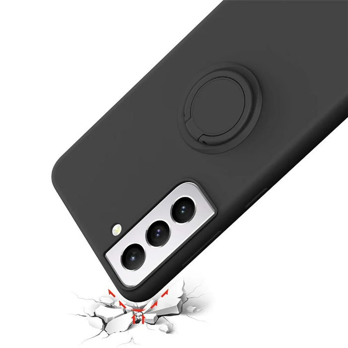 Liquid Silicone Ring Kickstand Design Phone Protective Shell with Strap for Samsung Galaxy S21+ 5G - Black - 6