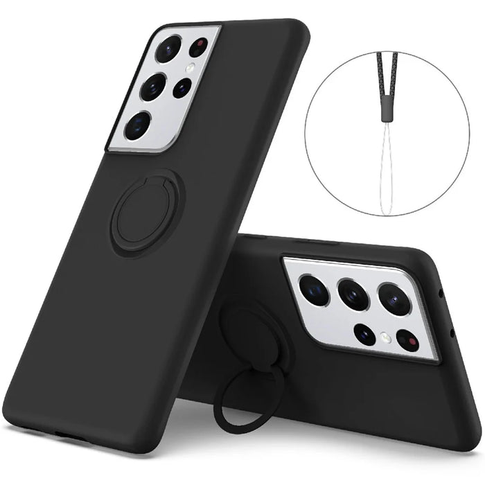 Ring Kickstand Design Soft Liquid Silicone Phone Protective Shell with Strap for Samsung Galaxy S21 Ultra 5G - Black - 1