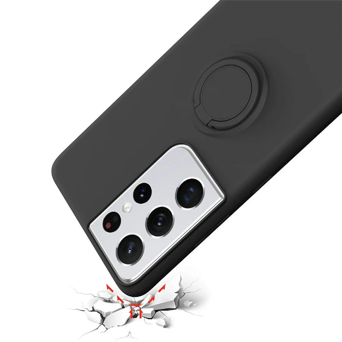 Ring Kickstand Design Soft Liquid Silicone Phone Protective Shell with Strap for Samsung Galaxy S21 Ultra 5G - Black - 6