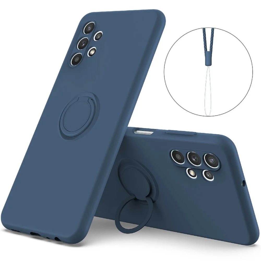 Ring Kickstand Design Plain Liquid Silicone Phone Protective Shell with Strap for Samsung Galaxy A32 4G (EU Version) - Midnight Blue - 1
