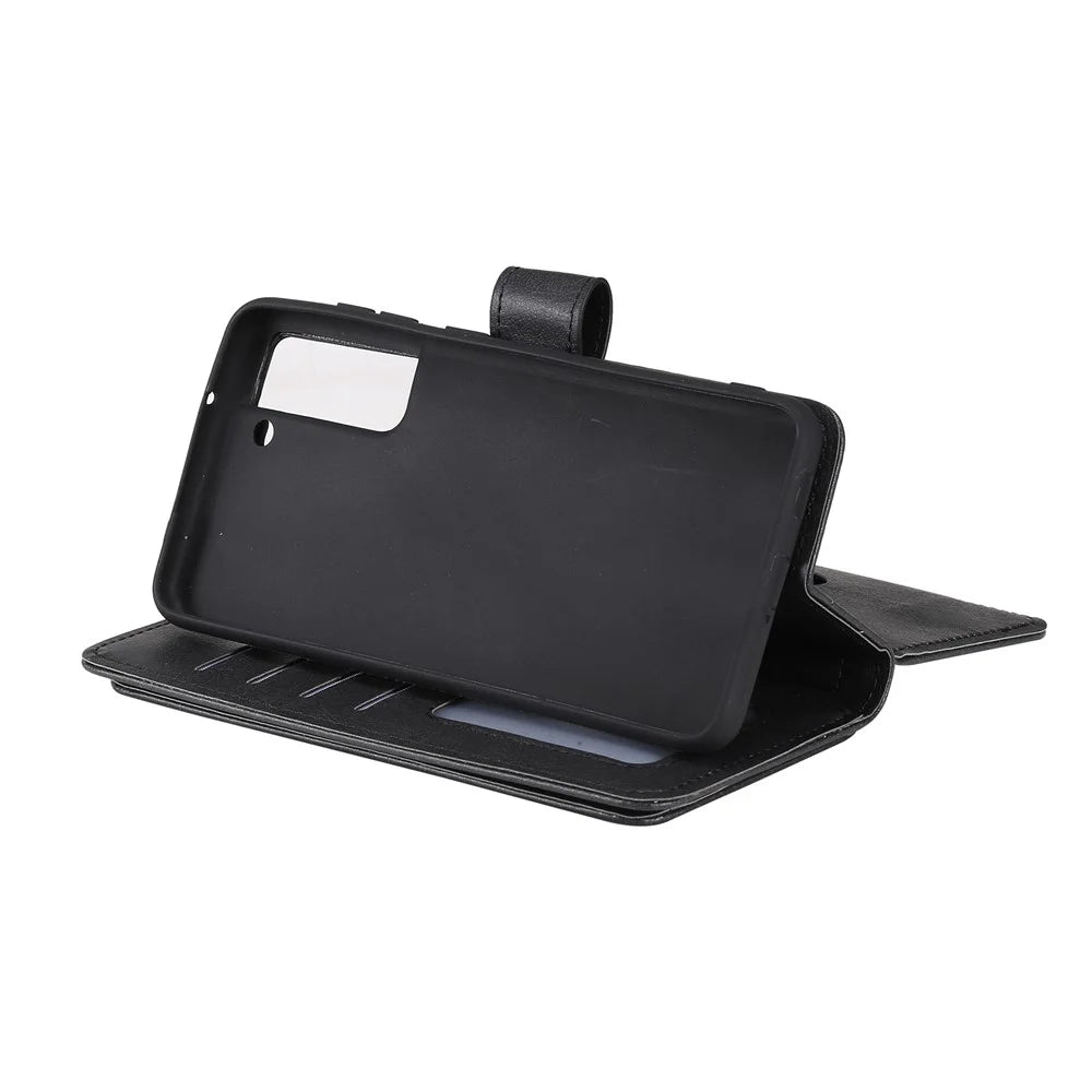 For Samsung Galaxy S21 FE / S21 Fan Edition Leather Case with 10 Card Holder Phone Cover Stand - Black - 6